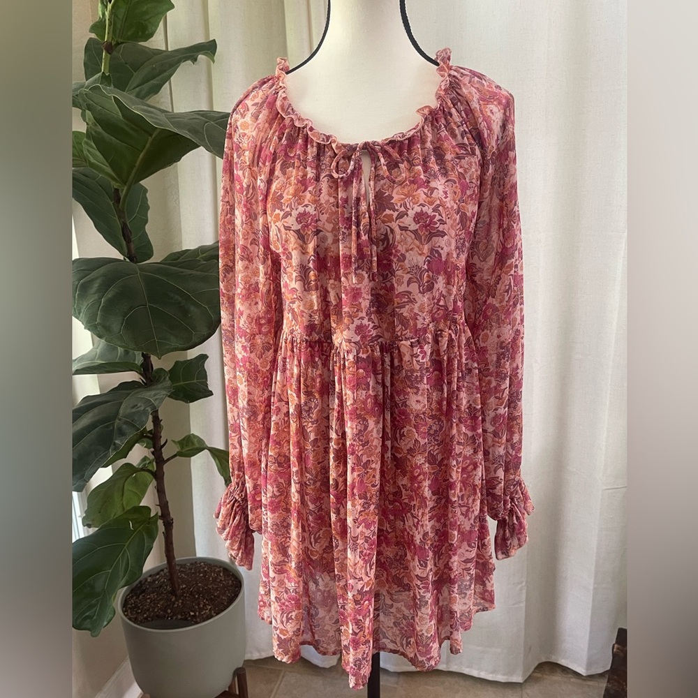Aakaa Pink and Purple Ruffled Long Sleeve Dress